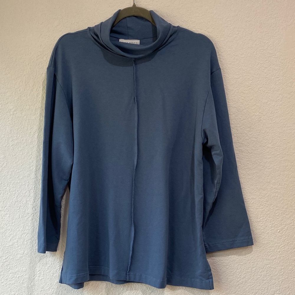 Brynn Walker Sky Blue French Terry Relaxed Turtleneck Lagenlook Casual Top Sz XS